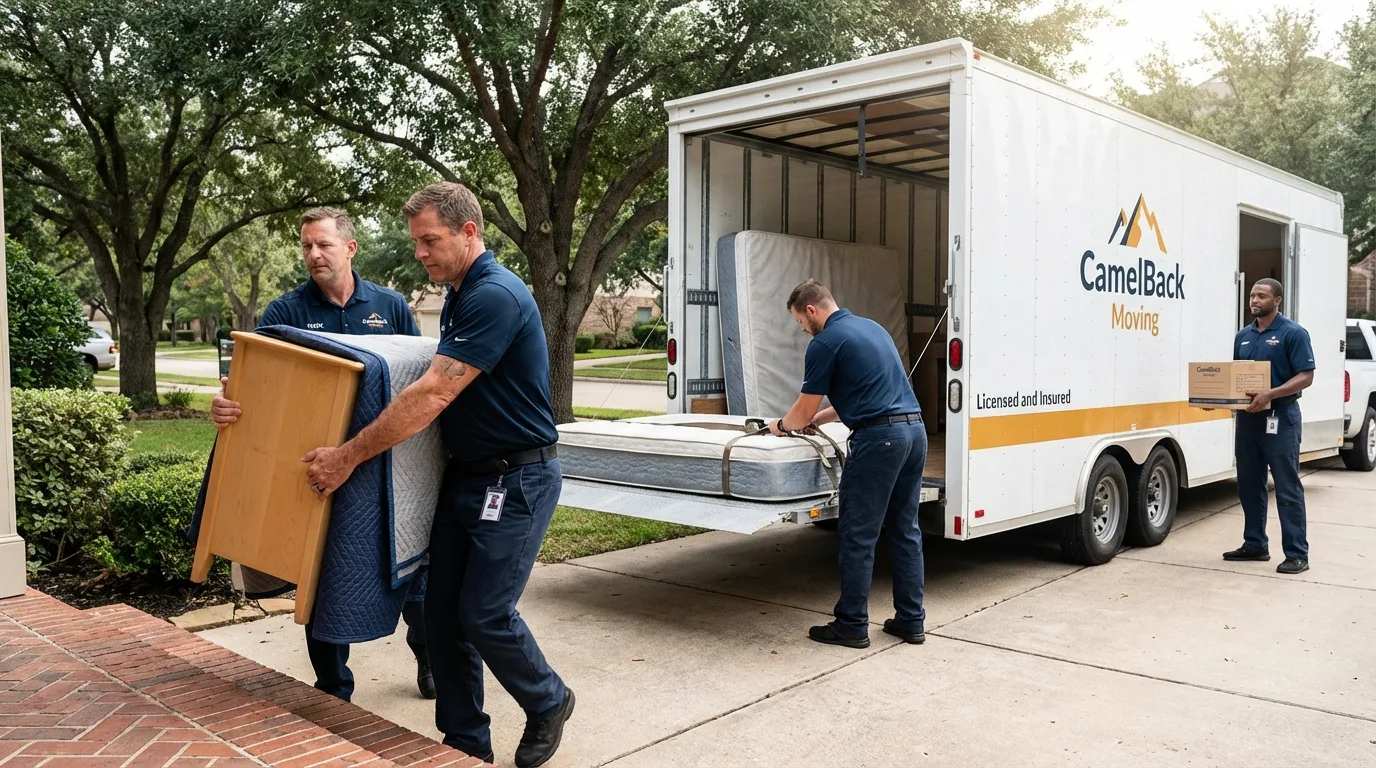 Crew loading residential truck for cross-state move from Dyersville, IA
