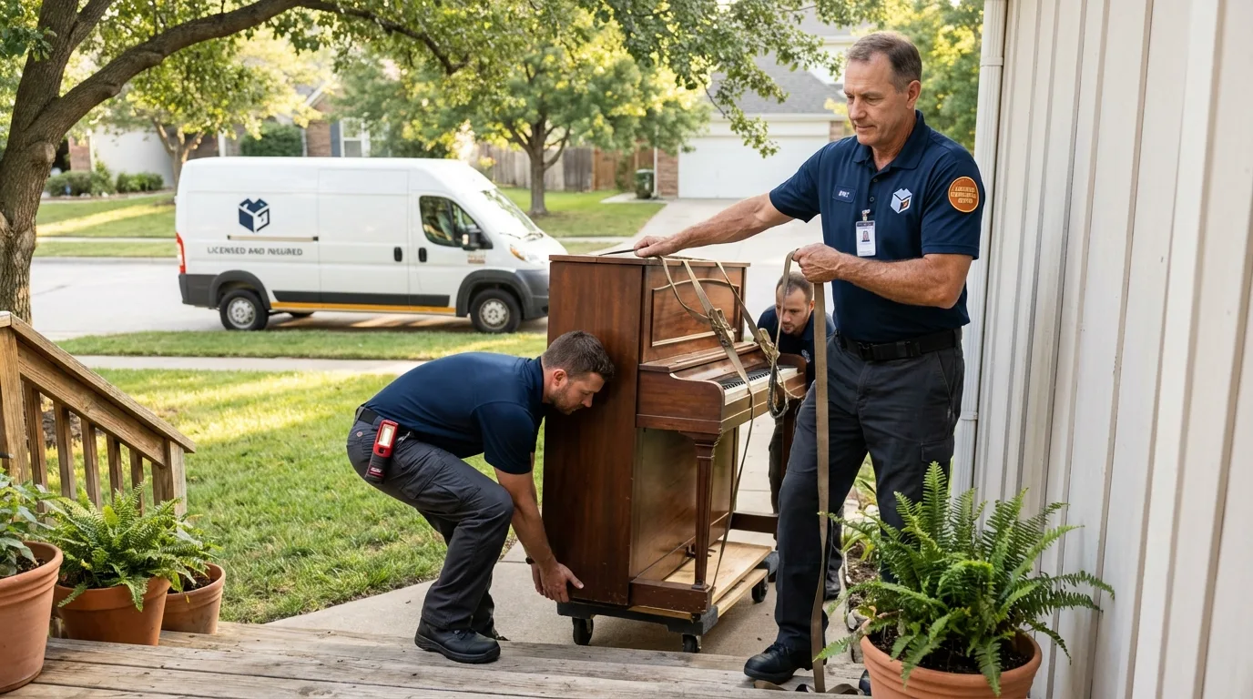Licensed piano movers securing grand piano in Dyersville, IA