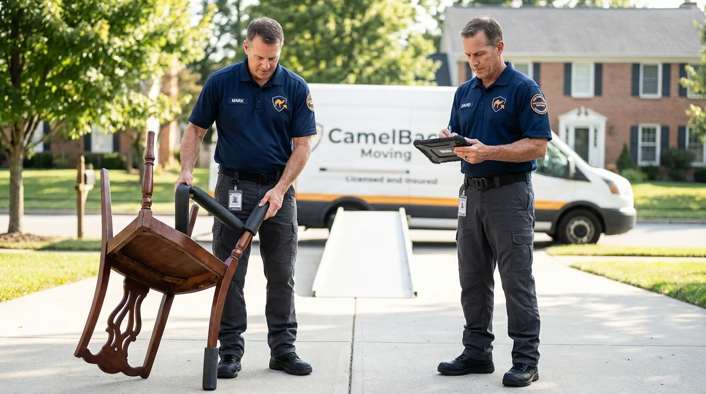 Movers inspecting furniture for damage prevention before loading in Dyersville, IA