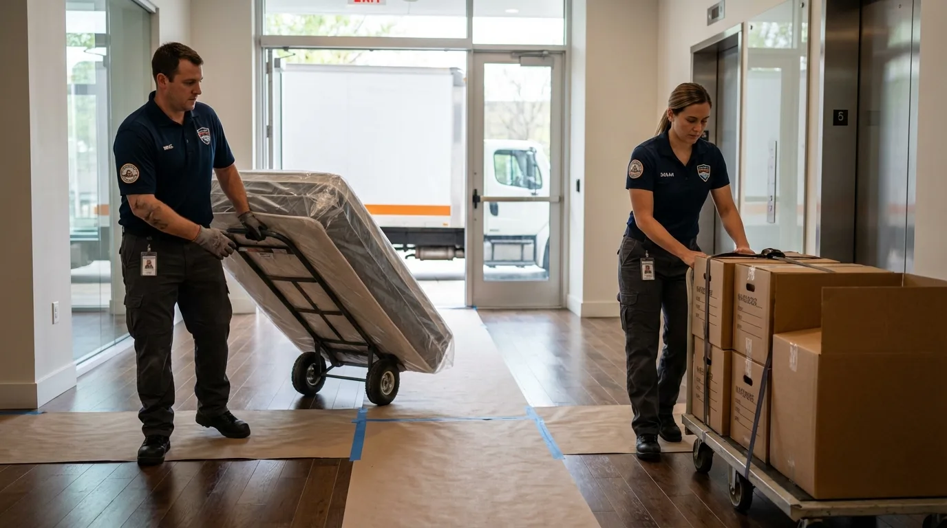 Professional apartment movers loading elevator in Dyersville, IA