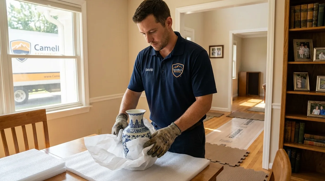 Professional crew carefully wrapping antique vase for senior downsizing move in Dyersville, IA